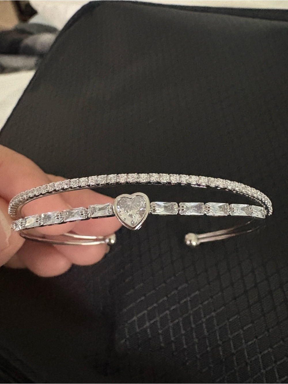 Heart Crystal Double Row Cuff Bracelet in Silver Tone